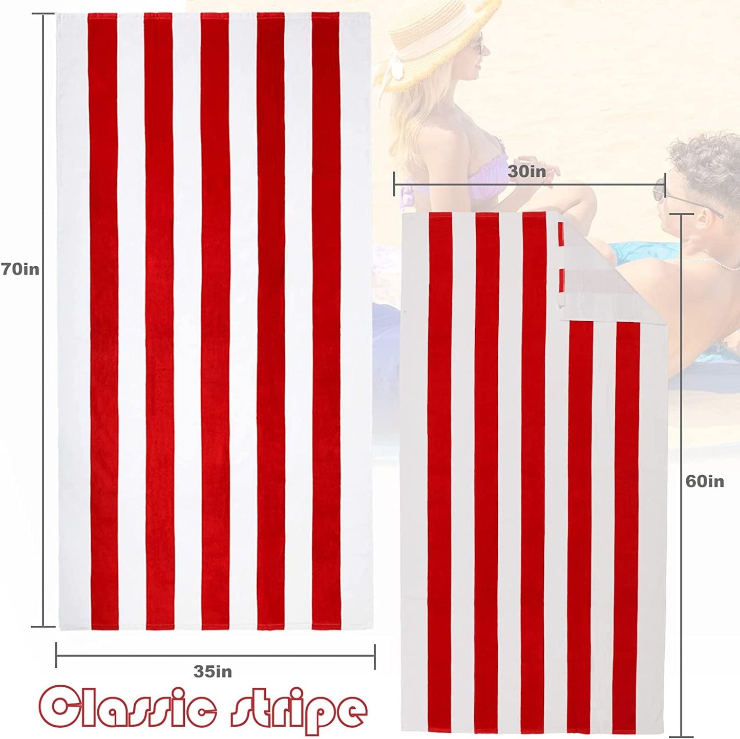 Exclusivo Mezcla Cotton Oversized 35"x70" Cabana Stripe Beach Towel, Super Absorbent Soft Plush Pool Towel, Bath Towel (Red)