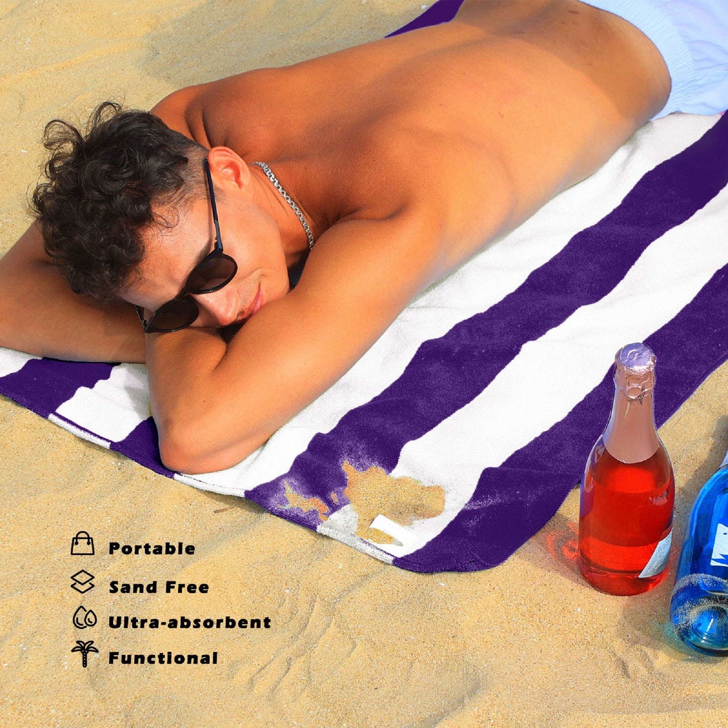 Exclusivo Mezcla 4-Pack Large Microfiber Beach Towels Set (Purple, 30" x 60"), Quick Dry, Cabana Striped Pool/Swimming/Bath Towel for Adults/Kids, Lightweight and Highly Absorbent
