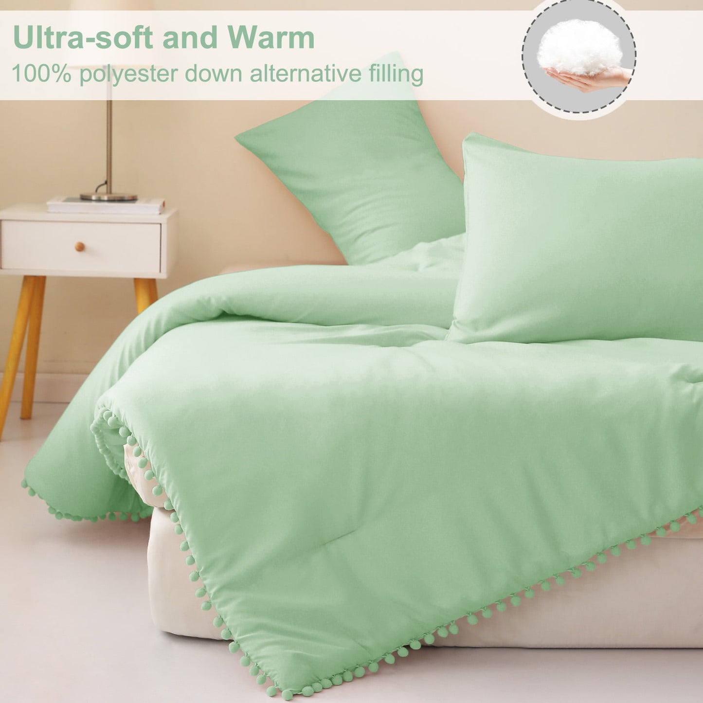 Exclusivo Mezcla Boho Pom Pom Ball Fringe Queen Comforter Set, 3 Piece Sage Green Lightweight Down Alternative Bedding Comforter Sets for All Seasons (1 Comforter and 2 Pillowcases)