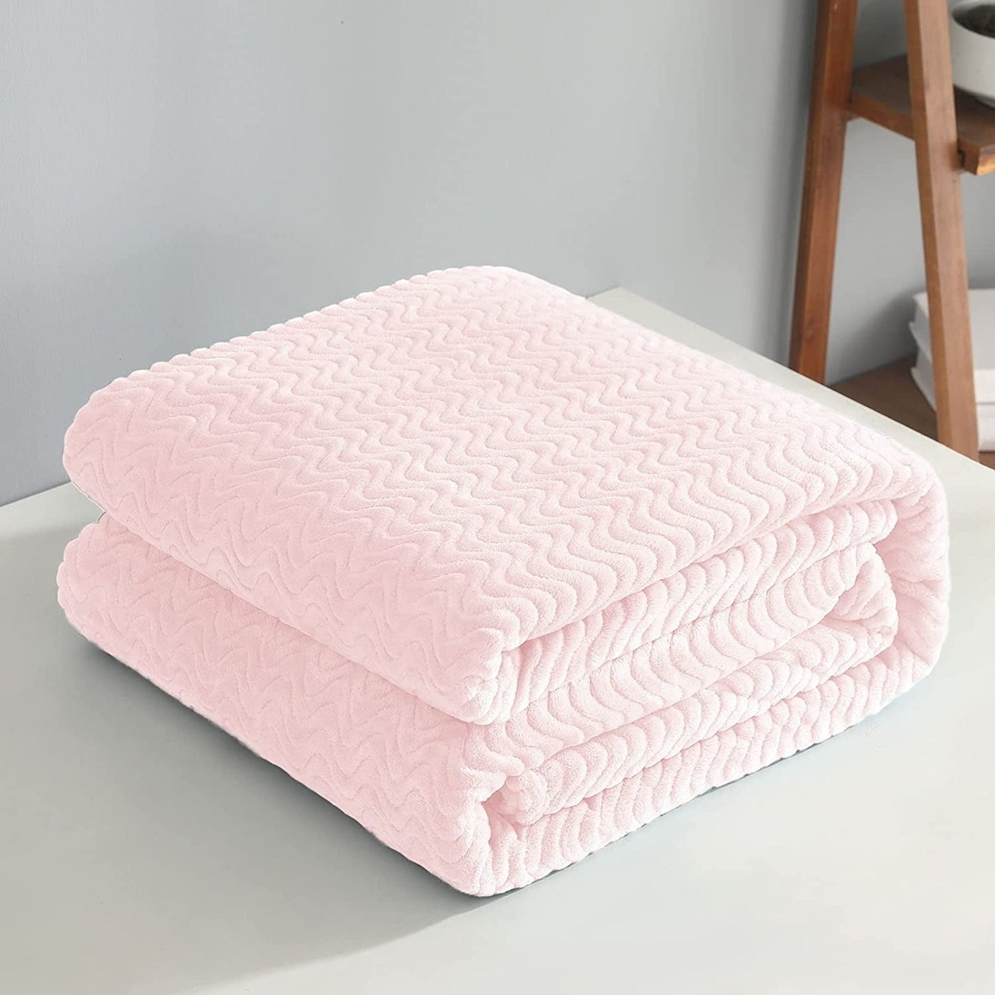 Exclusivo Mezcla Queen Size Jacquard Weave Wave Pattern Flannel Fleece Velvet Plush Bed Blanket as Bedspread/Coverlet/Bed Cover (90" x 90",Light Pink) - Soft, Lightweight, Warm and Cozy