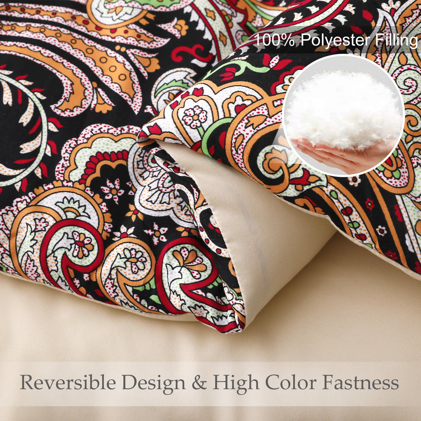 Exclusivo Mezcla 3-Piece Paisley Queen Comforter Set, Microfiber Bedding Down Alternative Comforter for All Seasons with 2 Pillow Shams, Black and Camel