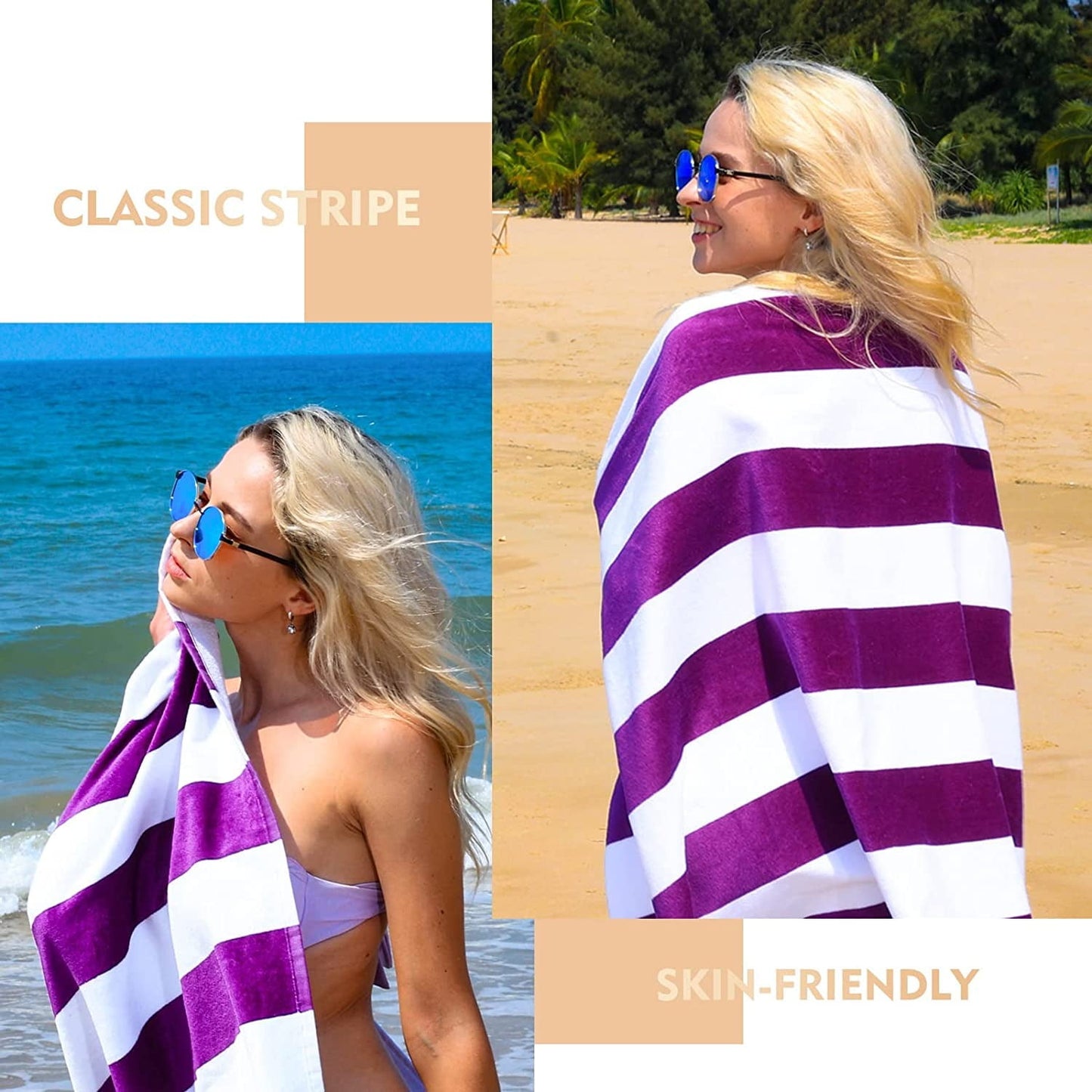 Exclusivo Mezcla Cotton Large Cabana Stripe Beach Towel, Super Absorbent Soft Plush Pool Towel, Bath Towel (Purple, 30"x60")
