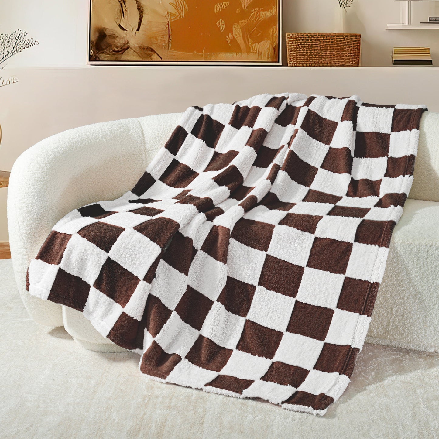 Exclusivo Mezcla Checkered Throw Blanket, Super Soft and Warm Fluffy Fleece Blanket for Couch, Sofa, Bed, Cute Plaid Pattern, Coffee, 50" x 60"