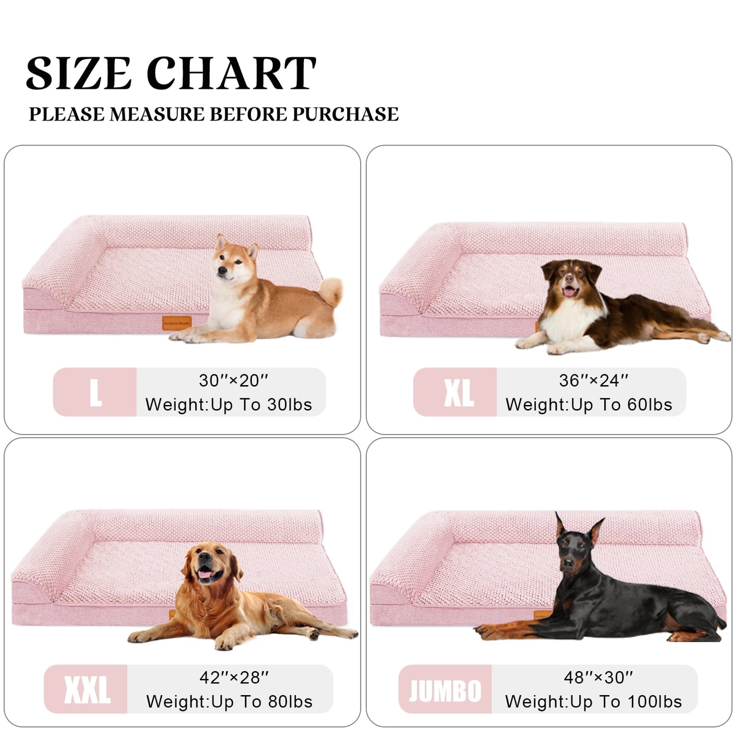 Exclusivo Mezcla Jacquard Orthopedic Pet Bed for Large Dogs, 42"X28" Waterproof L Shaped Dog Bed with Washable Cover, Pink