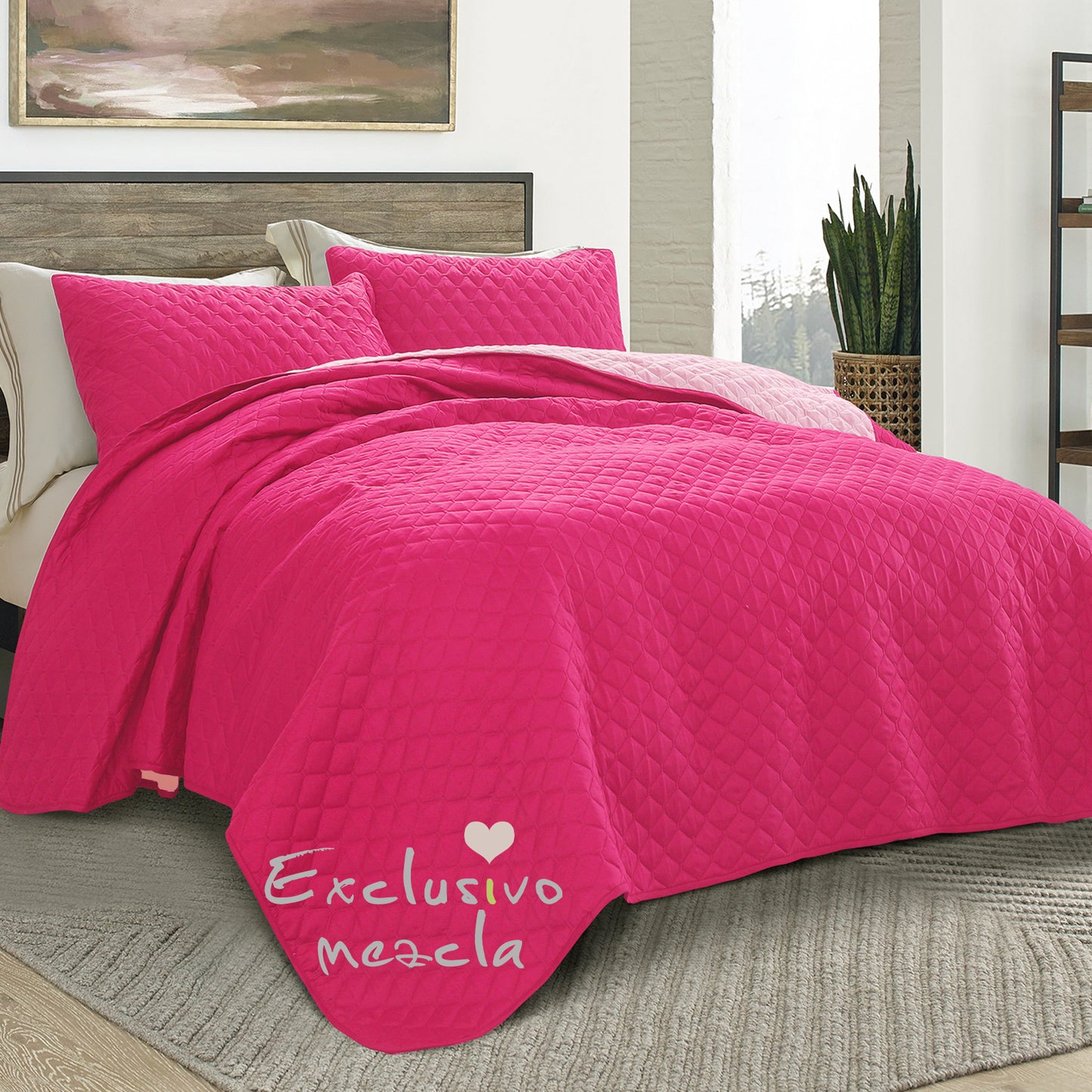 Exclusivo Mezcla Ultrasonic Reversible King Size Quilt Bedding Set with Pillow Shams, Lightweight Quilts King Size, Soft Bedspreads Bed Coverlets for All Seasons - (Hot Pink, 104"x96")