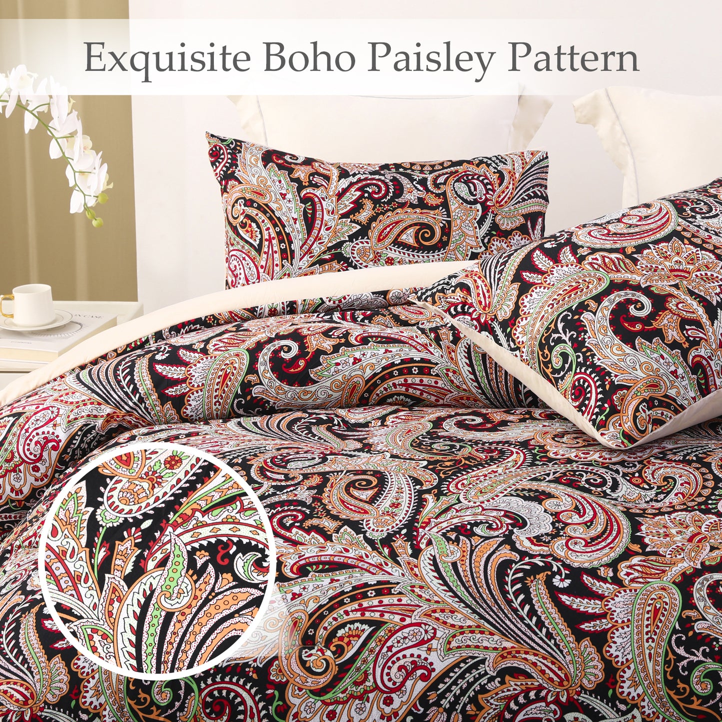Exclusivo Mezcla 3-Piece Paisley Queen Comforter Set, Microfiber Bedding Down Alternative Comforter for All Seasons with 2 Pillow Shams, Black and Camel