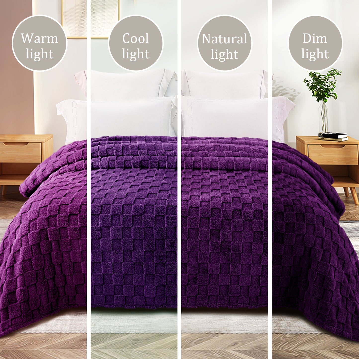 Exclusivo Mezcla Fleece Throw Blanket for Couch, Super Soft 3D Checkered Jacquard Bed Blanket, Cozy Fluffy Lightweight Blanket for All Seasons, 50x60 Inches, Purple Blanket