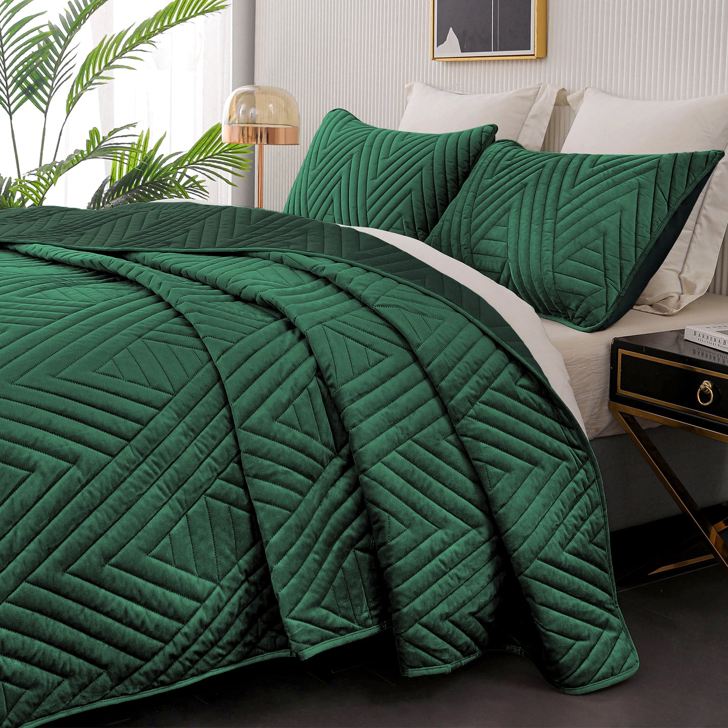 Exclusivo Mezcla Super Plush Velvet Quilts Queen Size with Pillow Shams, Luxury Soft Reversible 3 Piece Bedspreads Coverlet Comforter Set for All Seasons, Lightweight and Warm, Emerald Green