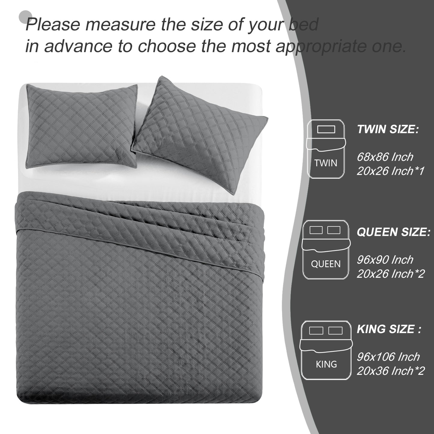 Exclusivo Mezcla 3-Piece Gray King Size Quilt Set, Box Pattern Ultrasonic Lightweight and Soft Quilts/Bedspreads/Coverlets/Bedding Set (1 Quilt, 2 Pillow Shams) for All Seasons