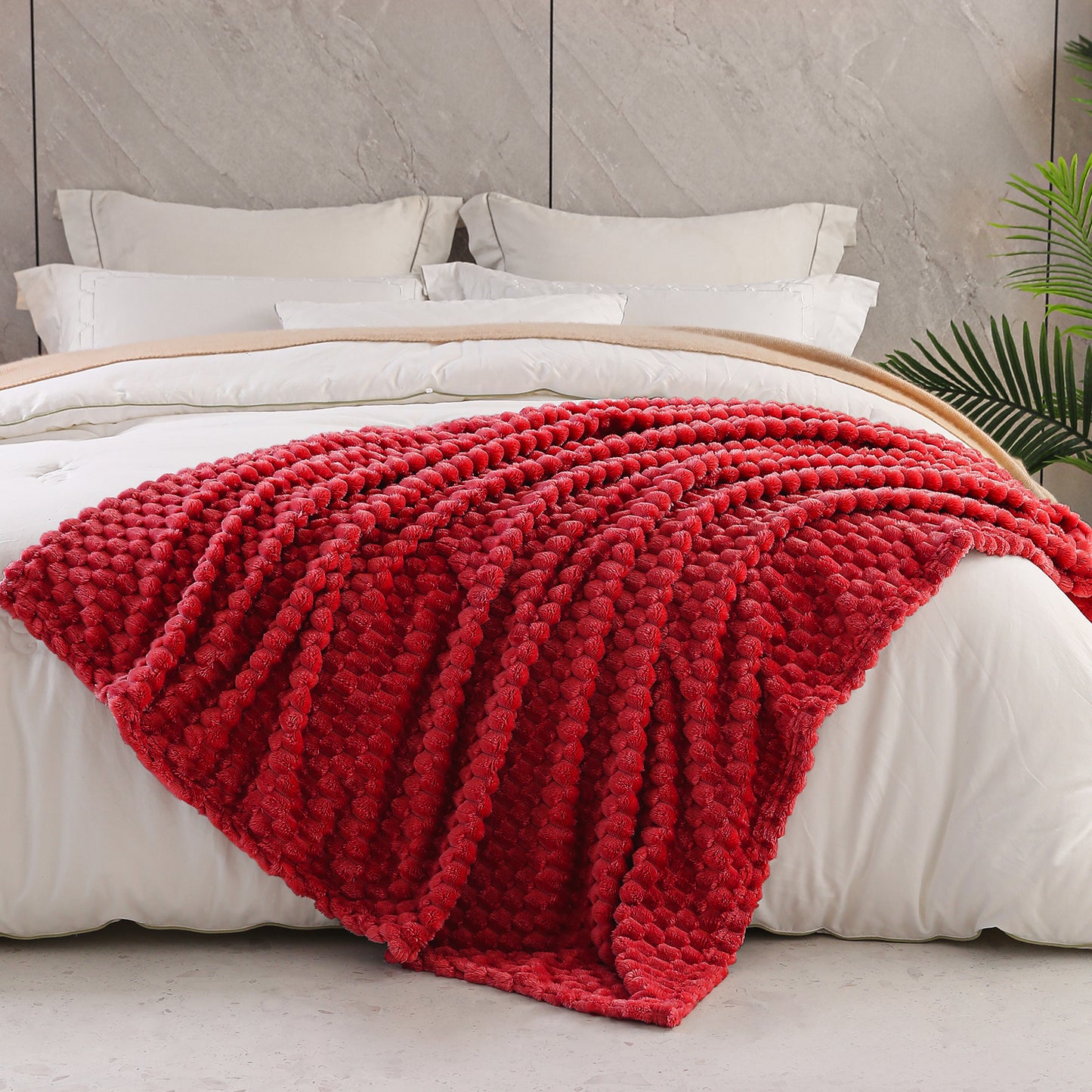Exclusivo Mezcla King Size Soft Fleece Blanket, 90x104 Inches 3D Clouds Stylish Jacquard Velvet Blanket for Bed, Cozy Soft Lightweight for All Season, Deep Red Blanket