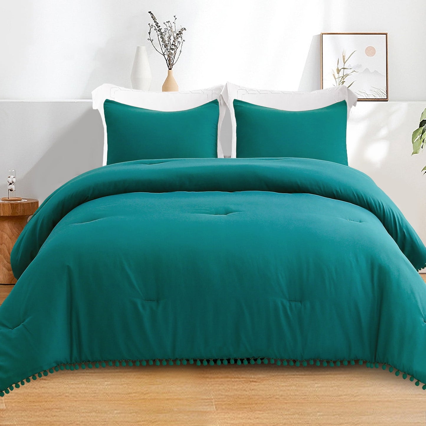 Exclusivo Mezcla Boho Pom Pom Ball Fringe Queen Comforter Set, 3 Piece Dusty Teal Lightweight Down Alternative Bedding Comforter Sets for All Seasons (1 Comforter and 2 Pillowcases)