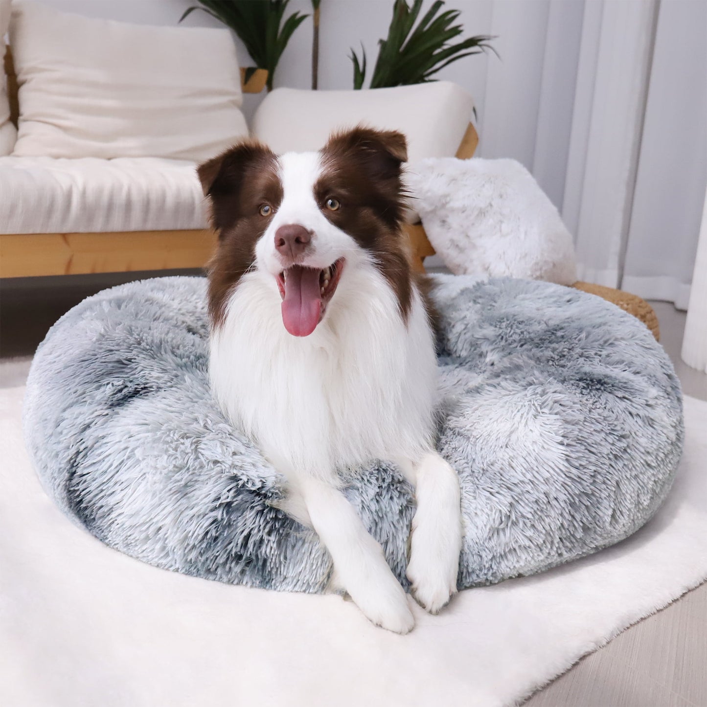 Exclusivo Mezcla Calming Donut Pet Bed for Medium Dogs 24", Anti-Anxiety Plush Cozy Warming Dog Bed, Gradient Grey