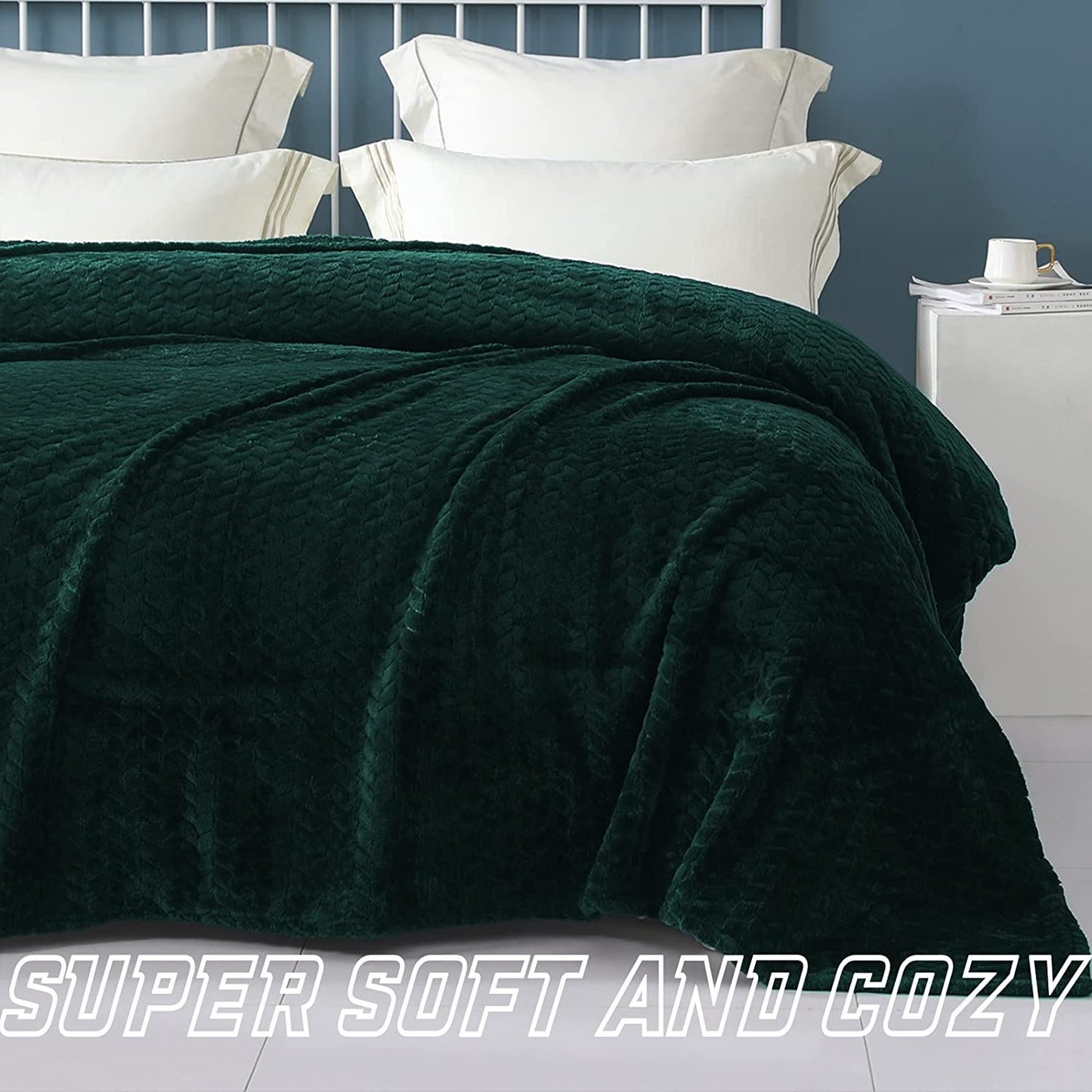 Exclusivo Mezcla Queen Size Jacquard Weave Leaves Pattern Flannel Fleece Velvet Plush Bed Blanket for Couch Bed Sofa (90" x 90", Forest Green) - Soft, Lightweight, Warm and Cozy