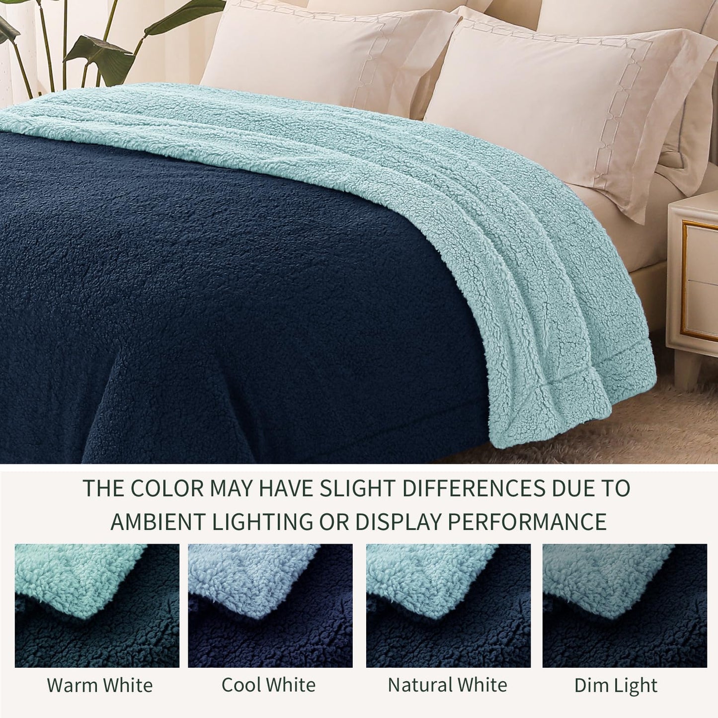 Exclusivo Mezcla Reversible Twin Size Sherpa Blanket, Thick and Warm Fleece Blankets for Winter, Soft Plush Fluffy for Bed, 60x80 Inches, Navy/ Light Blue