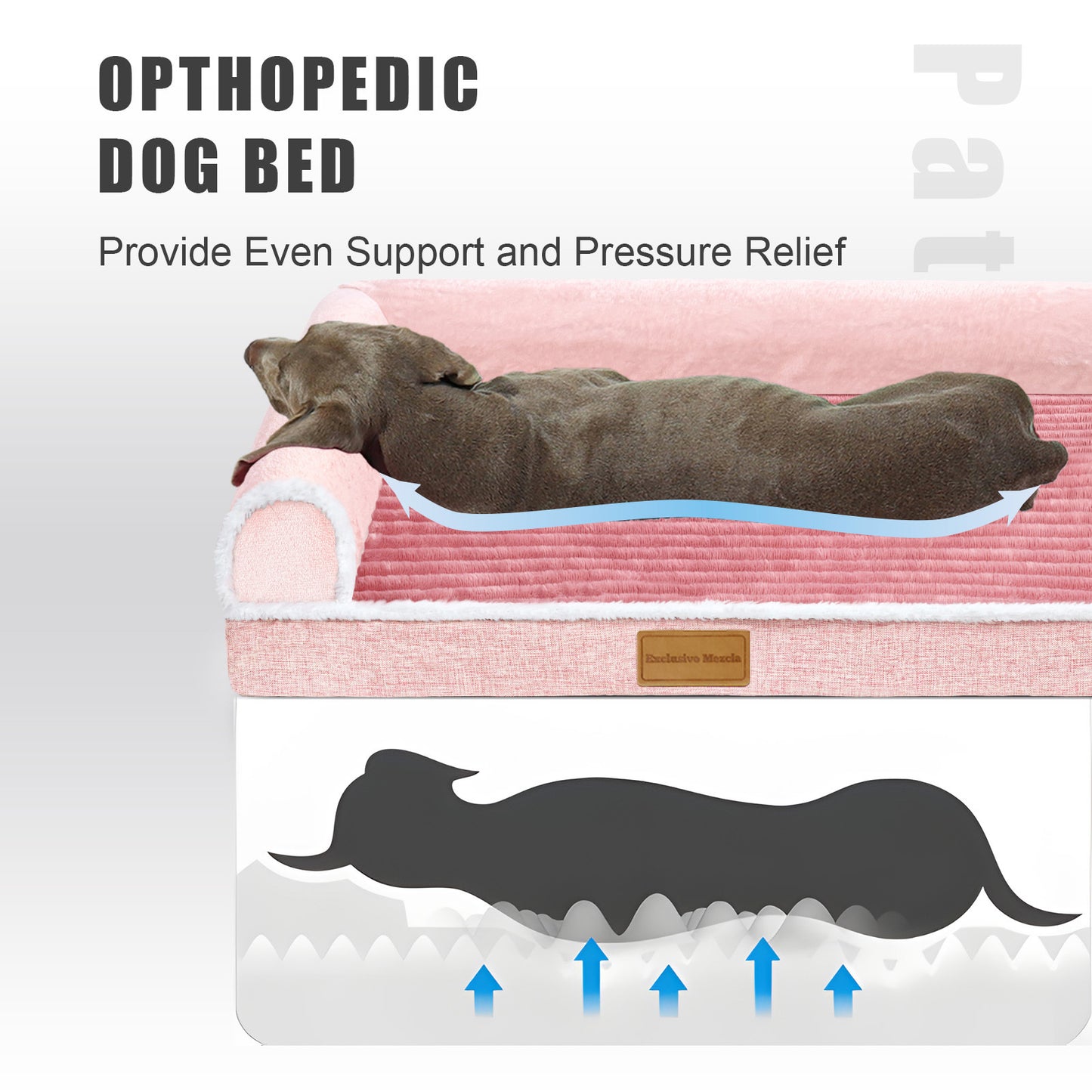 Exclusivo Mezcla Orthopedic Pet Bed for Extra Large Dogs, 48"X30" Waterproof L Shaped Sofa Dog Bed, Pink