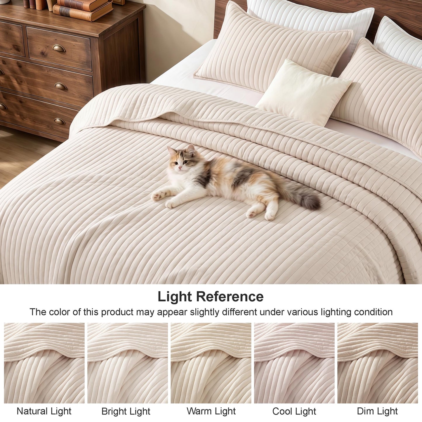 Exclusivo Mezcla Twin Quilt Bedding Set, Stripe Stitching Beige Quilts Twin Size for All Seasons, Soft Lightweight Microfiber Bedspreads Coverlets Bed Cover, 68"x88"