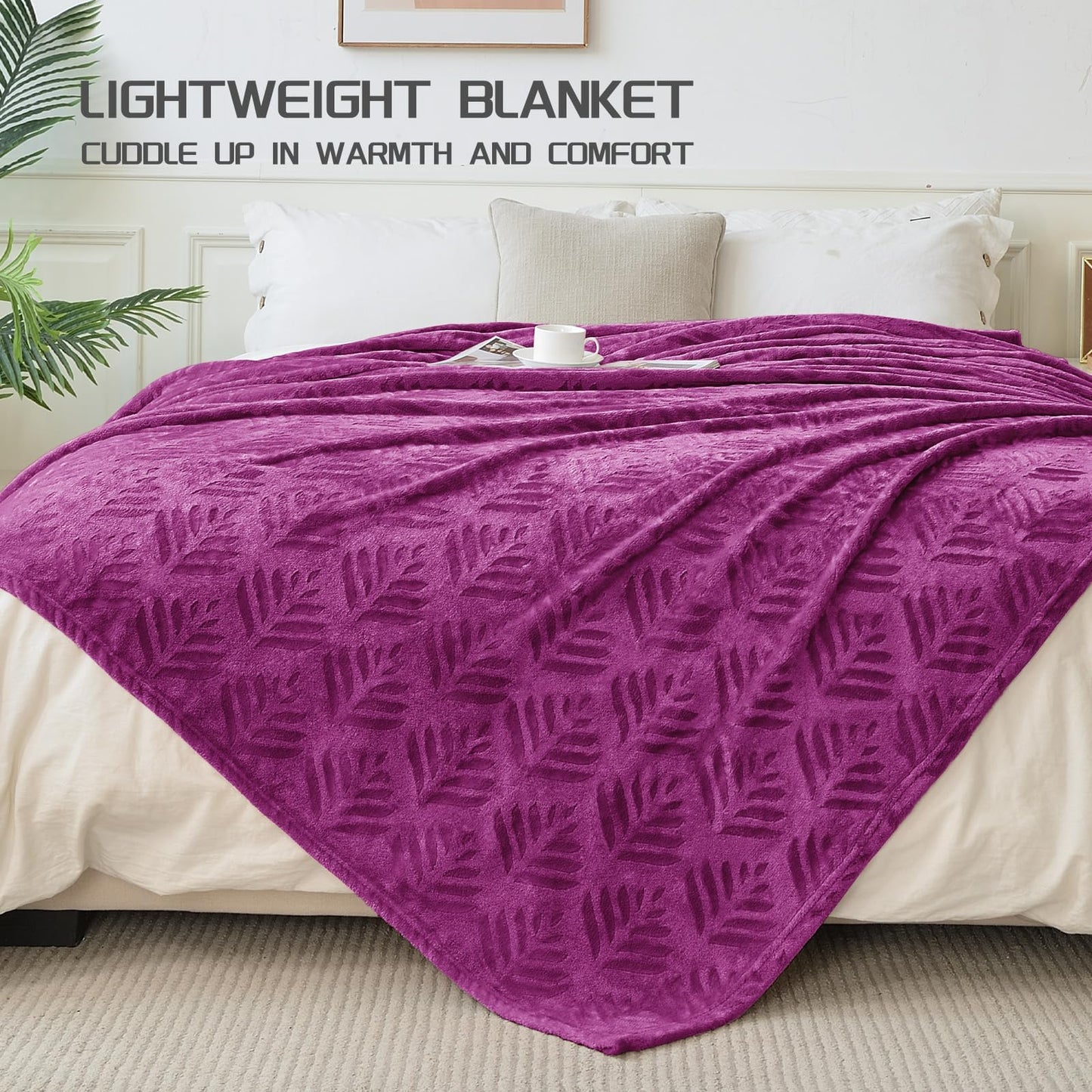 Exclusivo Mezcla Twin Size Fleece Blanket for Bed, Leaves Pattern Super Soft and Cozy Blankets, Plush Fuzzy Lightweight, Purple, 60"x80"