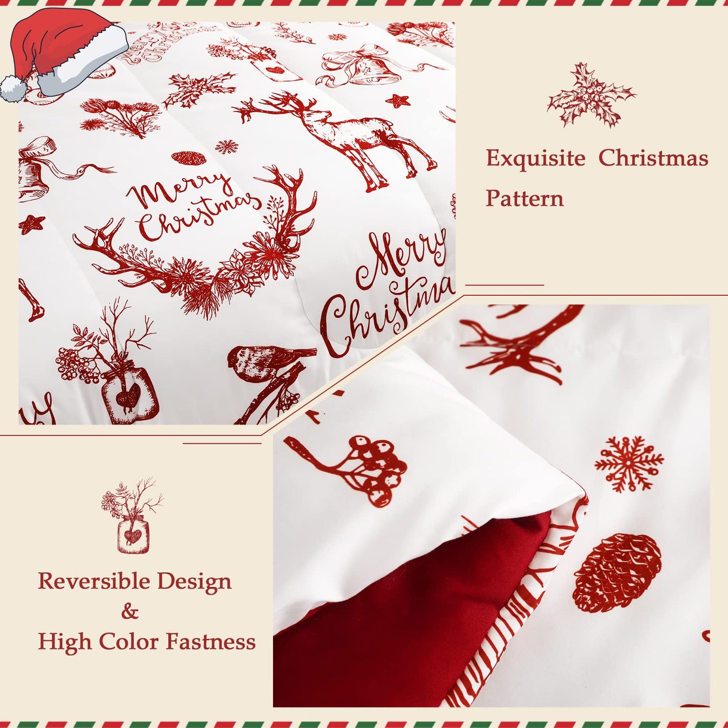 Exclusivo Mezcla Christmas Queen Size Comforter Set, 3 Pieces Reversible White and Rust Red Down Alternative Comforter Sets, Printed Christmas Reindeer Wreaths Pattern