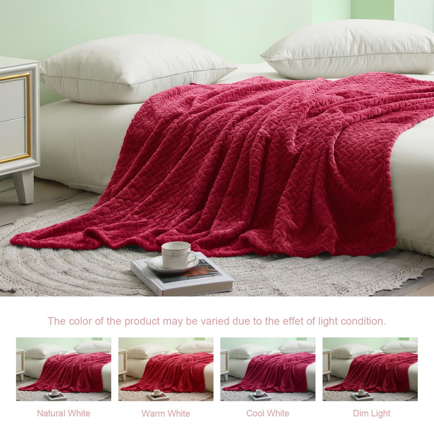 Exclusivo Mezcla Fleece Twin Size Blanket for Bed, 60x80 Inches Soft Cozy Jacquard Flannel Blankets, Lightweight Fuzzy Plush Warm for Women, Deep Red