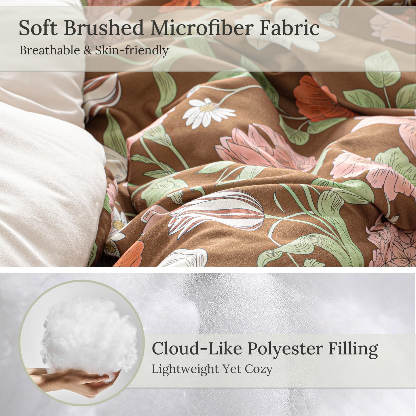 Exclusivo Mezcla Floral Queen Comforter Set, 3 Pieces Lightweight Reversible Soft Bedding Comforters for All Seasons, Brown Botanical Flowers Pattern