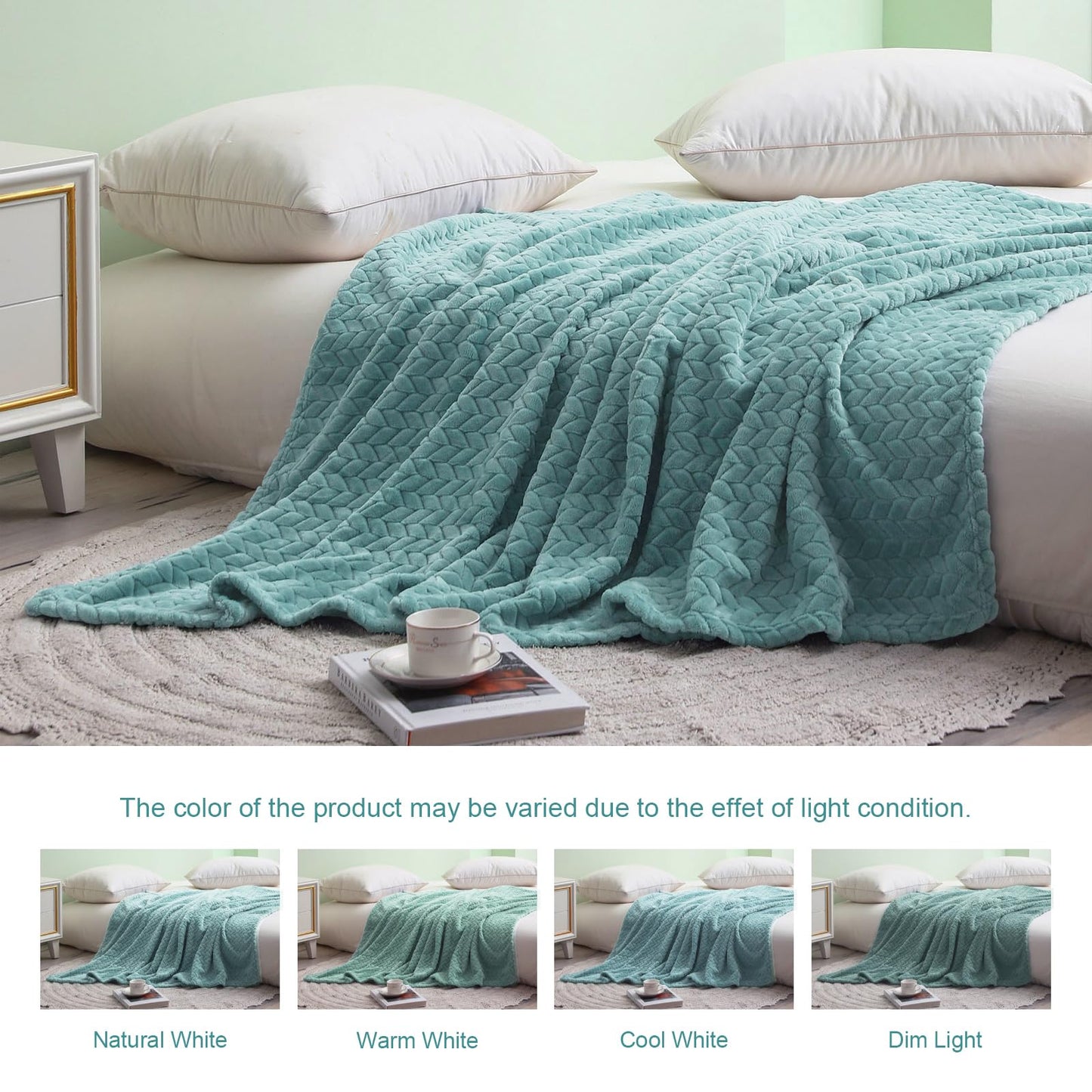 Exclusivo Mezcla Fleece Twin Size Blanket for Bed, 60x80 Inches Soft Cozy Jacquard Flannel Blankets, Lightweight Fuzzy Plush Warm for Women, Celadon