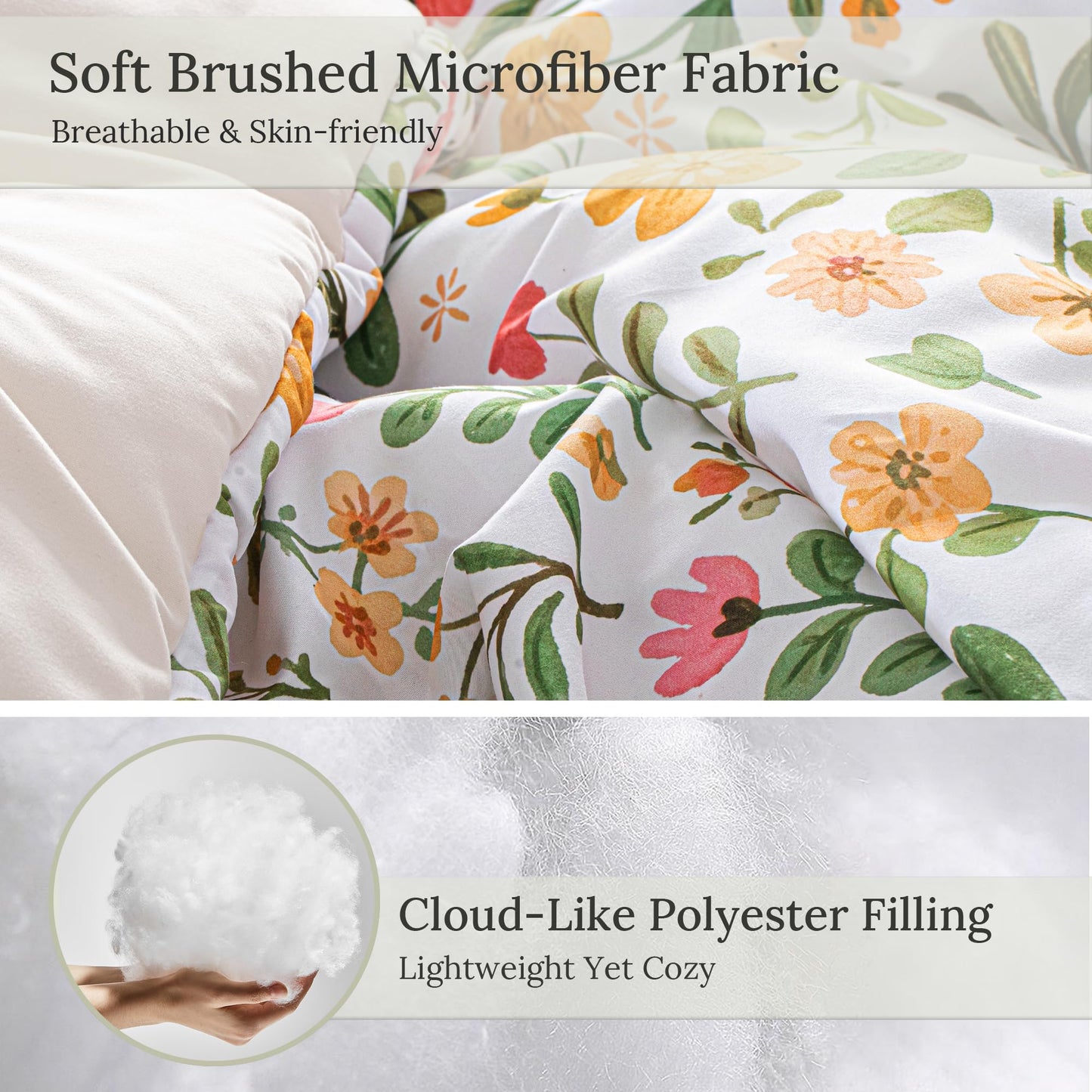 Exclusivo Mezcla Floral California King Comforter Set, 3 Pieces Lightweight Reversible Soft Bedding Comforters for All Seasons, White Botanical Garden Pattern