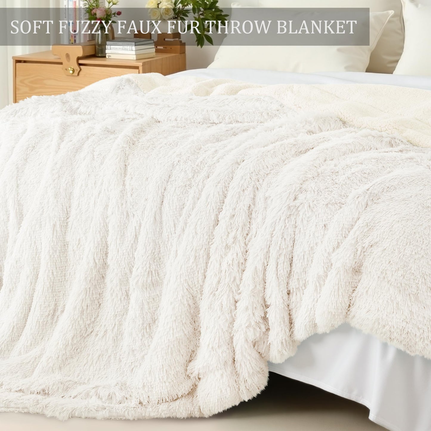 Exclusivo Mezcla Fuzzy Faux Fur Throw Blanket, Reversible Shaggy Sherpa Fleece Blankets,Fluffy Plush Warm Throws for Couch, Bed, 50x60 Inches, White