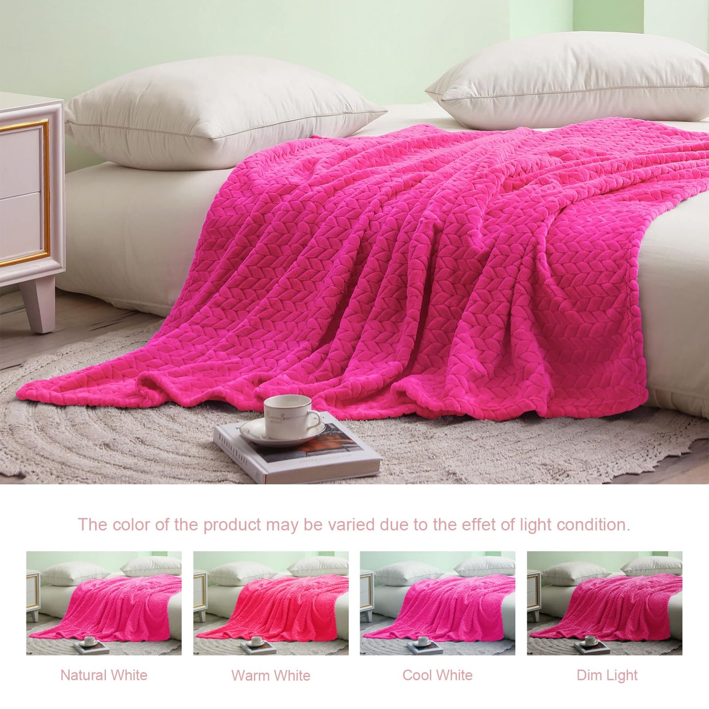 Exclusivo Mezcla Fleece King Size Blanket for Bed, 90x104 Inches Soft Cozy Jacquard Flannel Blankets, Lightweight Fuzzy Plush Warm for Women, Hot Pink