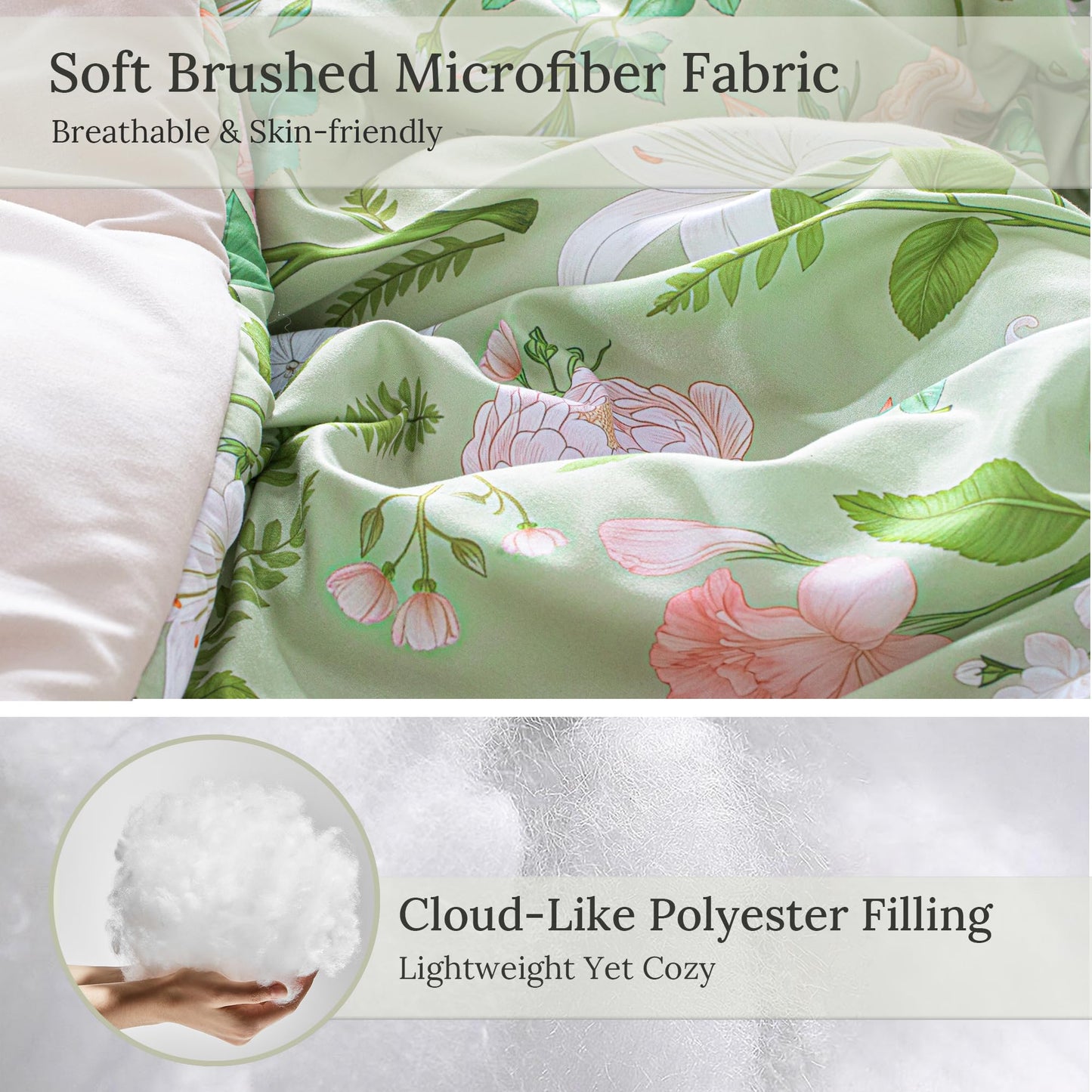 Exclusivo Mezcla Floral California King Comforter Set, 3 Pieces Lightweight Reversible Soft Bedding Comforters for All Seasons, Green Botanical Flowers Pattern