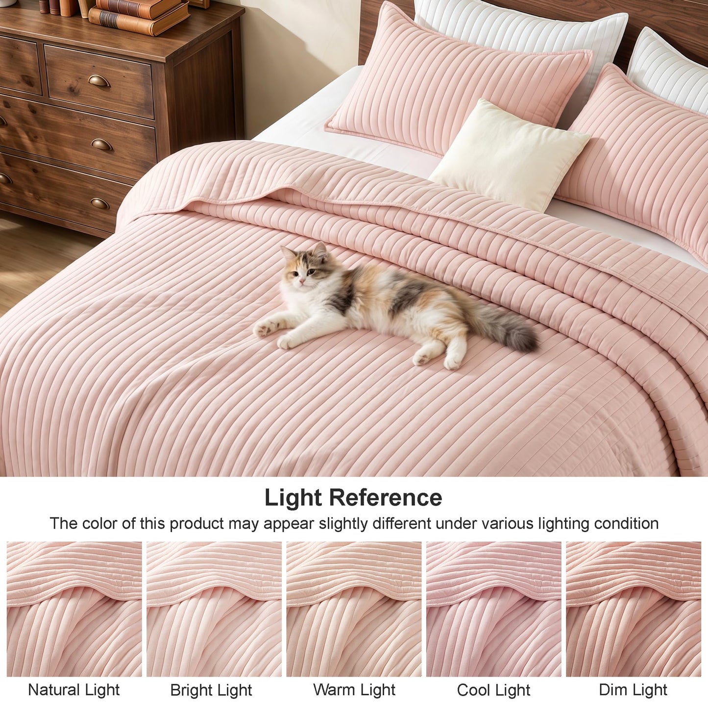 Exclusivo Mezcla King Size Quilt Bedding Set, Stripe Stitching Blush Pink Quilts King Size for All Seasons, Soft Lightweight Microfiber Bedspreads Coverlets Bed Cover, 104"x96"