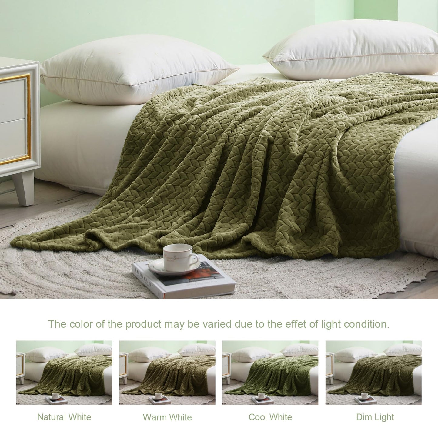 Exclusivo Mezcla Fleece Twin Size Blanket for Bed, 60x80 Inches Soft Cozy Jacquard Flannel Blankets, Lightweight Fuzzy Plush Warm for Women, Olive Green