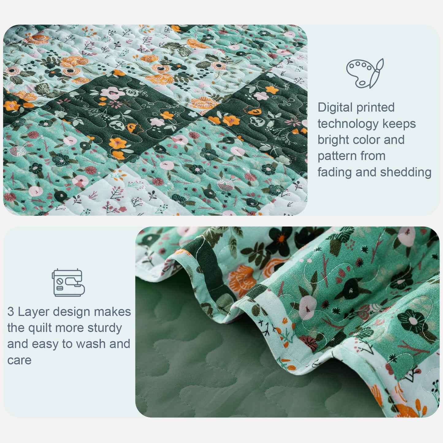 Exclusivo Mezcla Reversible Boho California King Quilt, Green Soft Bedspreads Lightweight Coverlet All Season Patchwork Quilts Bedding Set with Printed Floral Pattern (1 Quilt, 2 Pillow Shams)