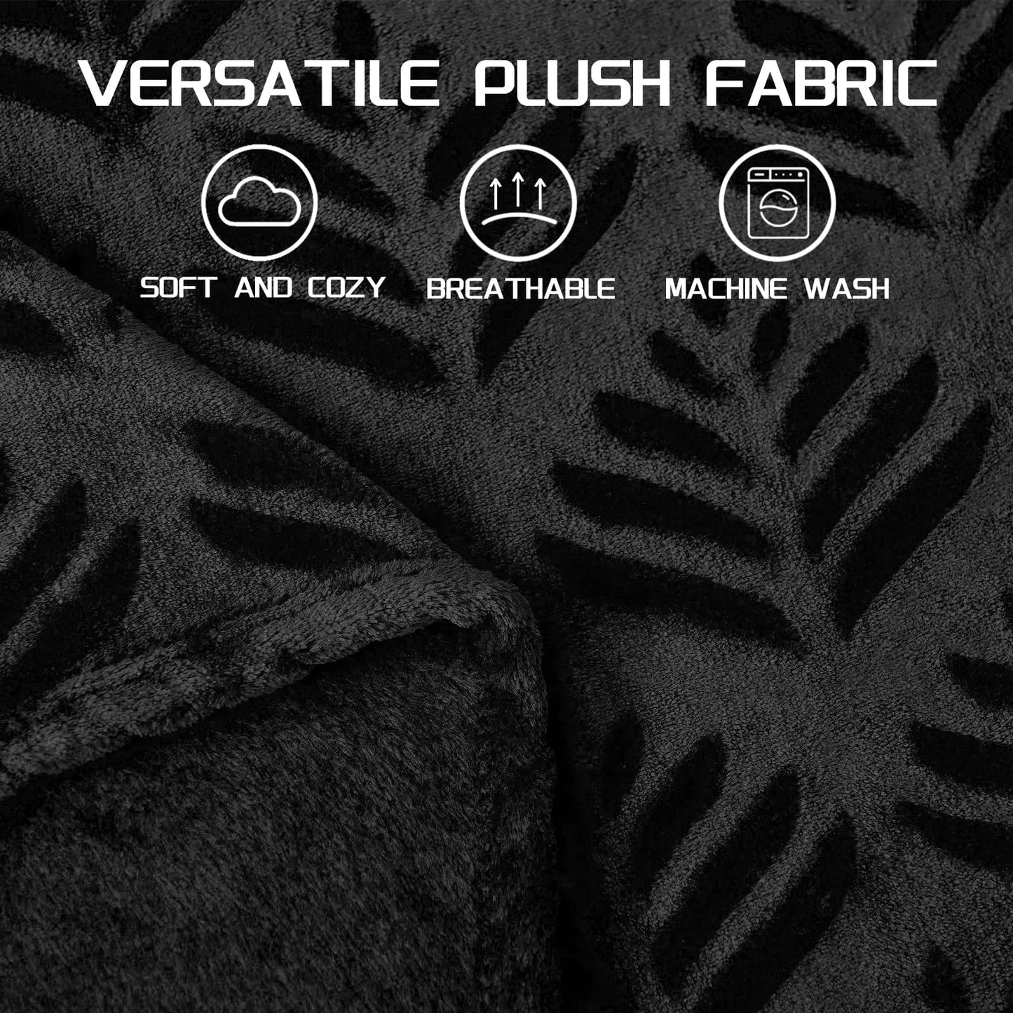 Exclusivo Mezcla Queen Size Fleece Blanket for Bed, Super Soft and Cozy Blankets All Season Use, Leaves Pattern, Plush Fuzzy Lightweight, Black, 90x90 Inch