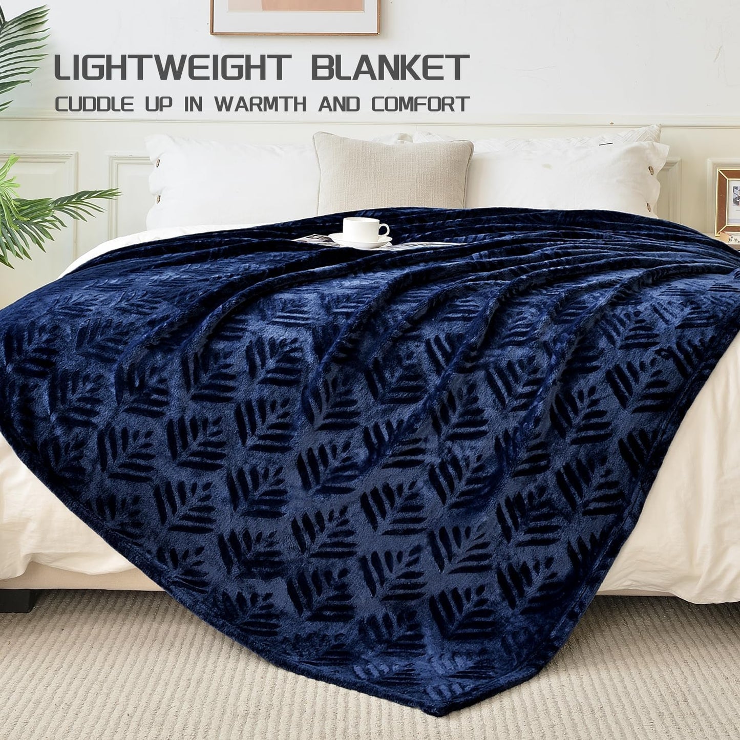 Exclusivo Mezcla Queen Size Fleece Blanket for Bed, Super Soft and Cozy Blankets All Season Use, Leaves Pattern, Plush Fuzzy Lightweight, Navy Blue, 90x90 Inch