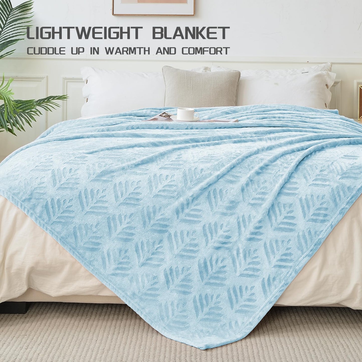 Exclusivo Mezcla Queen Size Fleece Blanket for Bed, Leaves Pattern Super Soft and Cozy Blankets, Plush Fuzzy Lightweight, Ice Blue, 90"x90"