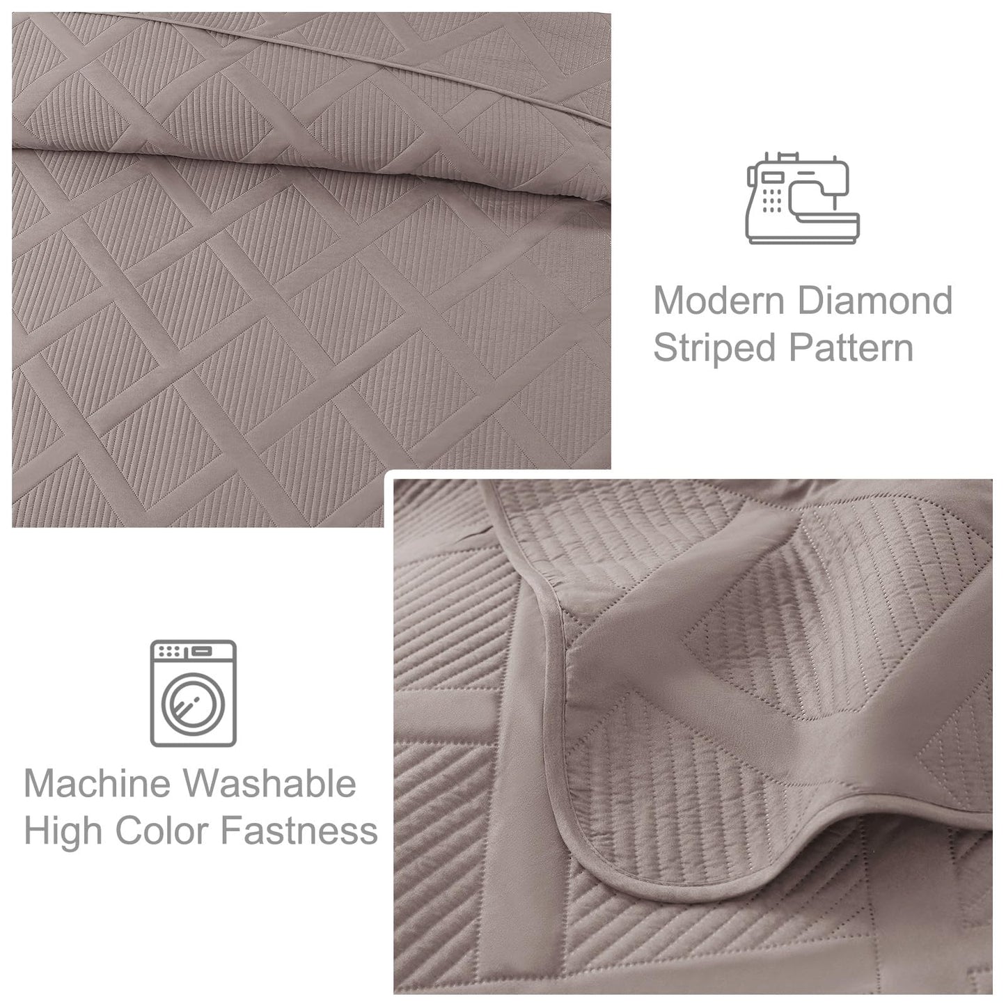Exclusivo Mezcla Ultrasonic Twin Quilt Set, 2-Piece Lightweight Bedspreads Modern Striped Coverlet, Taupe
