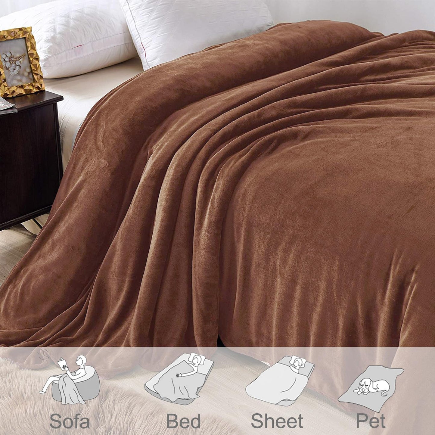 Exclusivo Mezcla Queen Size Flannel Fleece Velvet Plush Bed Blanket as Bedspread, Coverlet, Bed Cover (90x90 inches, Brown) Soft, Lightweight, Warm and Cozy