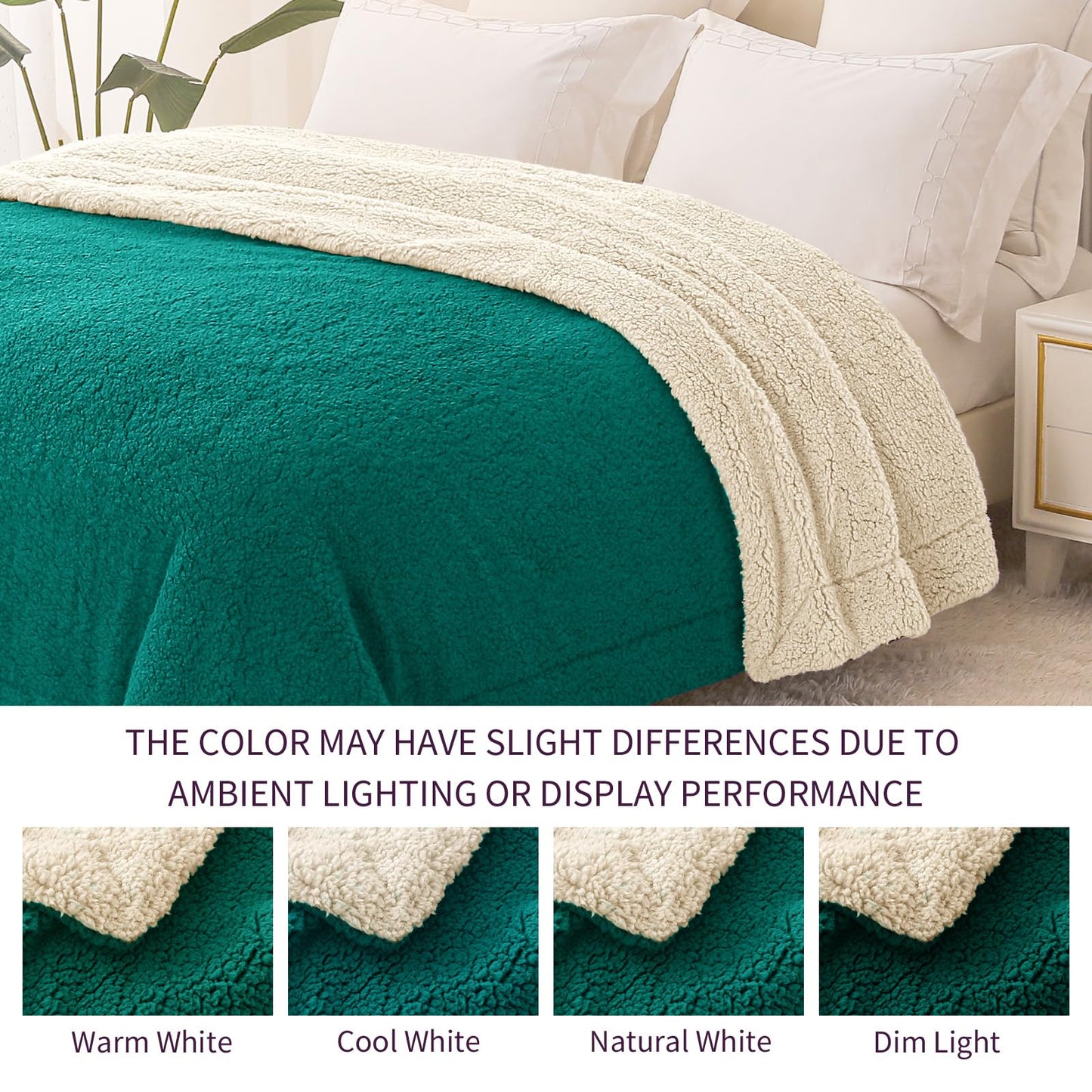 Exclusivo Mezcla Reversible Sherpa Throw Blanket for Couch, Thick and Warm Fleece Blankets for Winter, Soft Plush Fluffy, 50x60 Inches, Emerald Green/ White