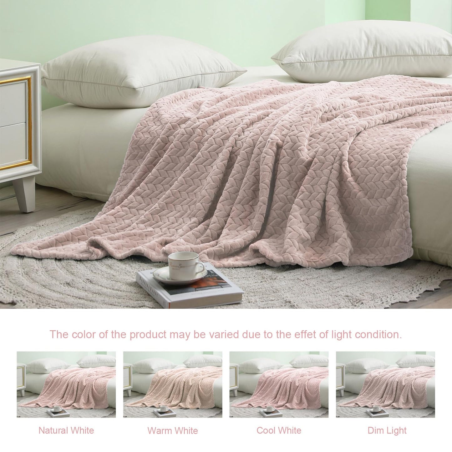 Exclusivo Mezcla Fleece Twin Size Blanket for Bed, 60x80 Inches Soft Cozy Jacquard Flannel Blankets, Lightweight Fuzzy Plush Warm for Women, Camel