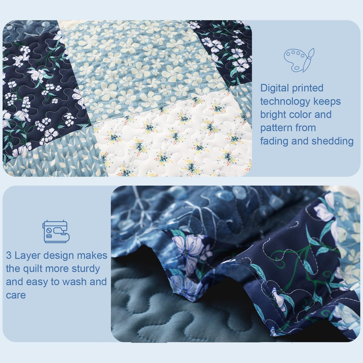 Exclusivo Mezcla Reversible Boho California King Quilt, Blue Soft Bedspreads Lightweight Coverlet All Season Patchwork Quilts Bedding Set with Printed Floral Pattern (1 Quilt, 2 Pillow Shams)