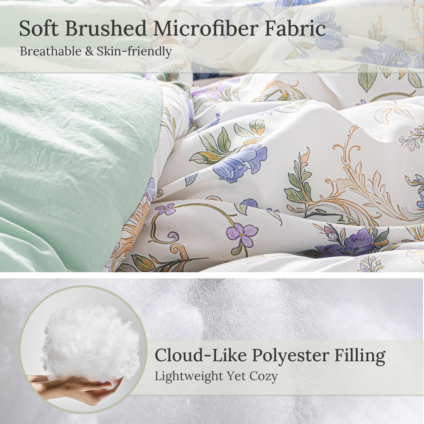 Exclusivo Mezcla Floral King Comforter Set, 3 Pieces Lightweight Reversible Soft Bedding Comforters for All Seasons, Lilac Botanical Flowers Pattern