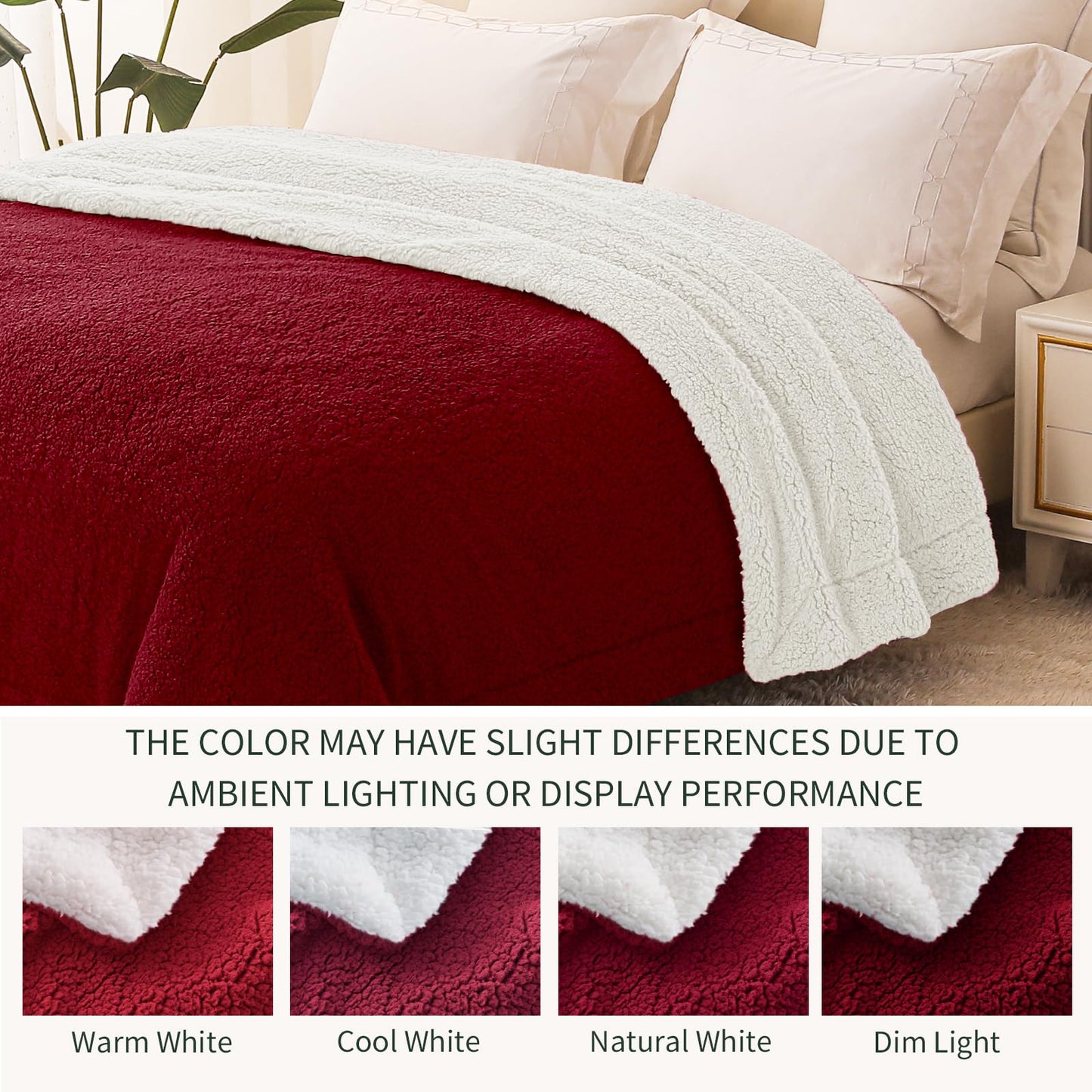 Exclusivo Mezcla Reversible Queen Size Sherpa Blanket, Thick and Warm Fleece Blankets for Winter, Soft Plush Fluffy for Bed, 90x90 Inches, Burgundy/ Ivory