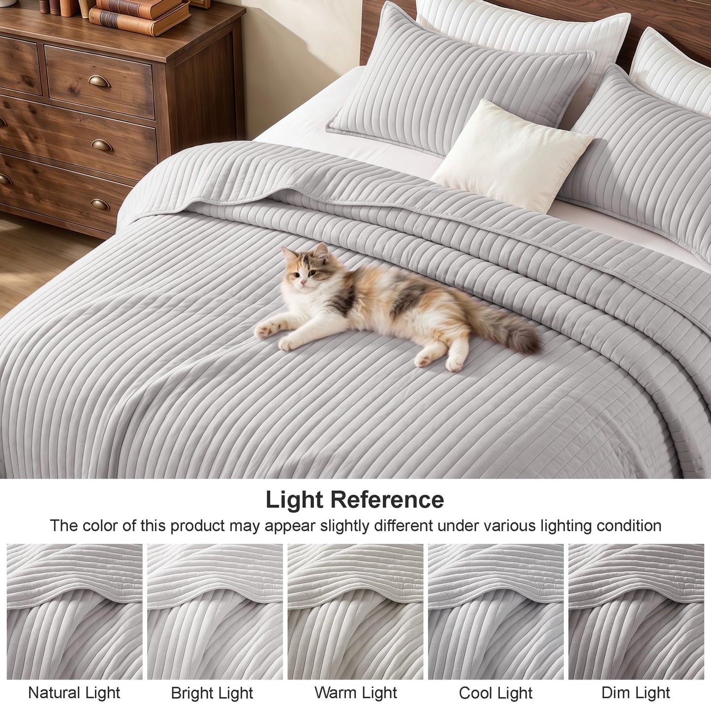 Exclusivo Mezcla King Size Quilt Bedding Set, Stripe Stitching Light Grey Quilts King Size for All Seasons, Soft Lightweight Microfiber Bedspreads Coverlets Bed Cover, 104"x96"