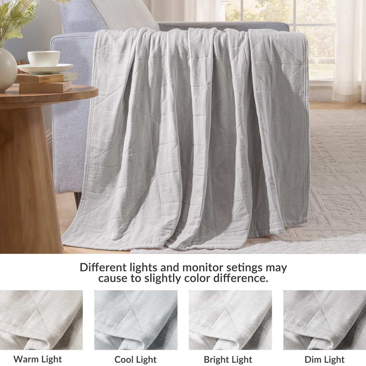 Exclusivo Mezcla 100% Cotton 4 Layers Muslin Throw Blanket for Couch, Moisture-wicking and Breathable Gauze Blanket with Geometric Pattern for Year Round Comfort, 50"x60", Light Grey
