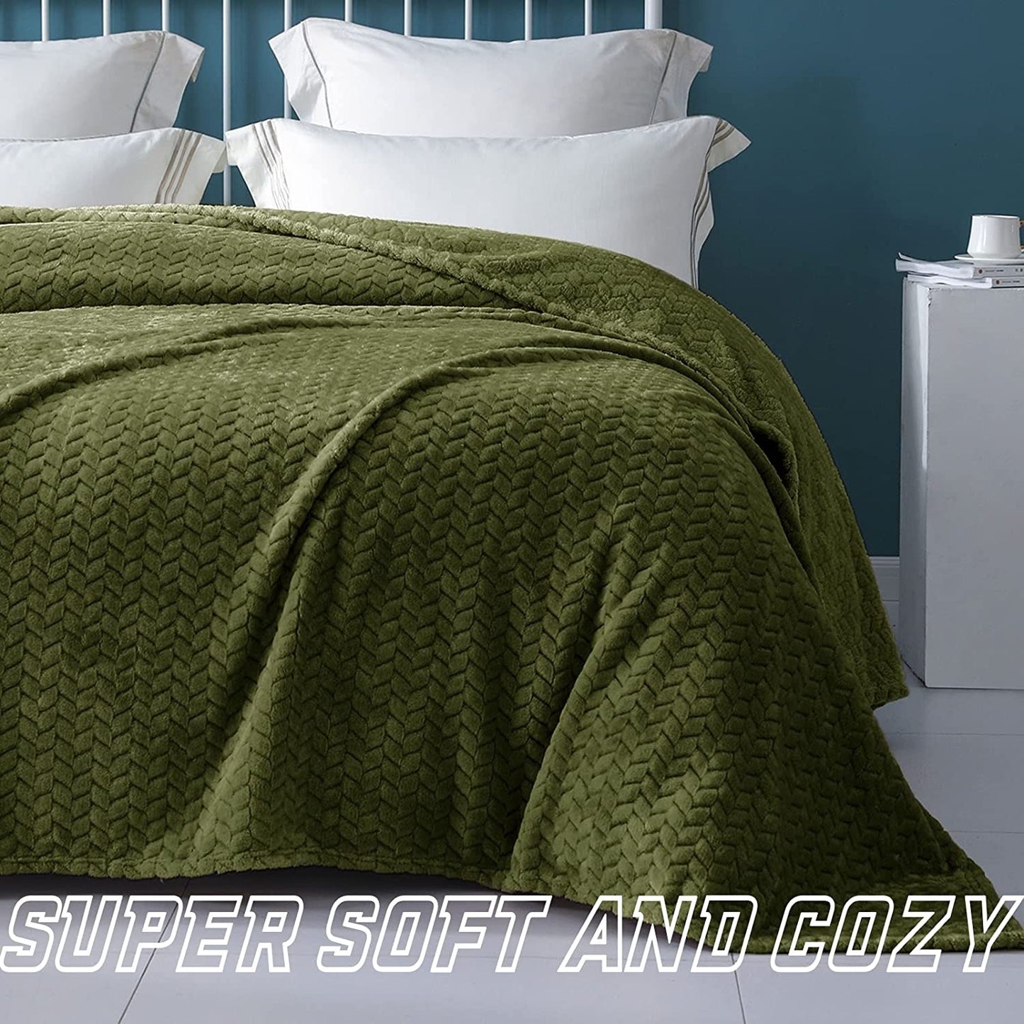 Exclusivo Mezcla Twin Size Flannel Fleece Blanket, 90x66 Inches Soft Jacquard Weave Leaves Pattern Velvet Plush Blanket for Bed, Cozy, Warm, Lightweight and Decorative Olive Green Blanket