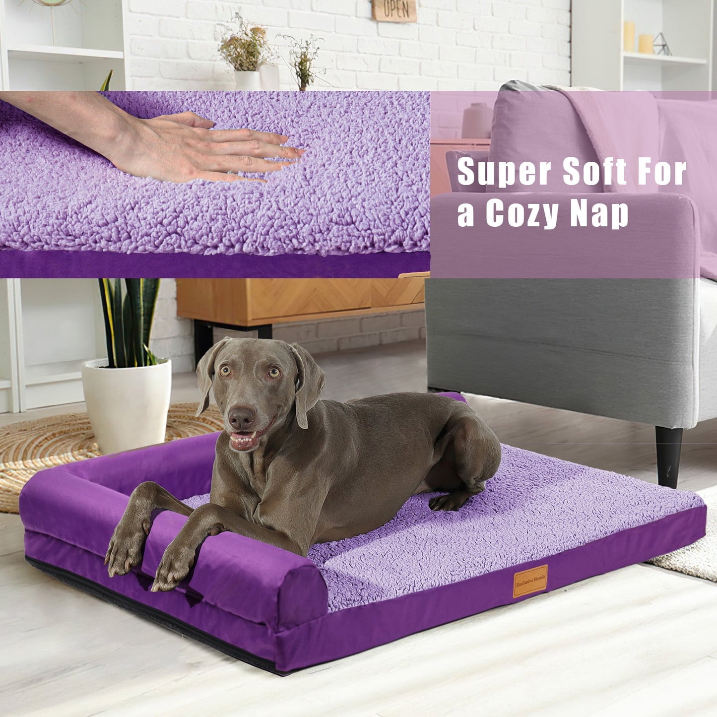 Exclusivo Mezcla Orthopedic Pet Bed for Extra Large Dogs 56"X40", L Shaped Waterproof Dog Beds with Removable Washable Cover, Purple