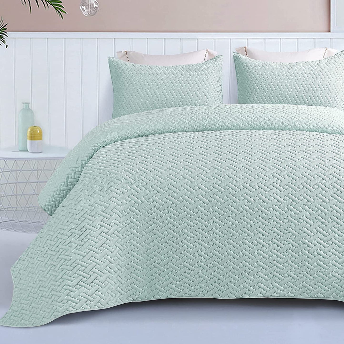 Exclusivo Mezcla 3-Piece Twin Size Quilt Set with One Pillow Sham, Basket Quilted Bedspread/Coverlet/Bed Cover(68x88 inches, Spa Blue)-Soft, Lightweight and Reversible