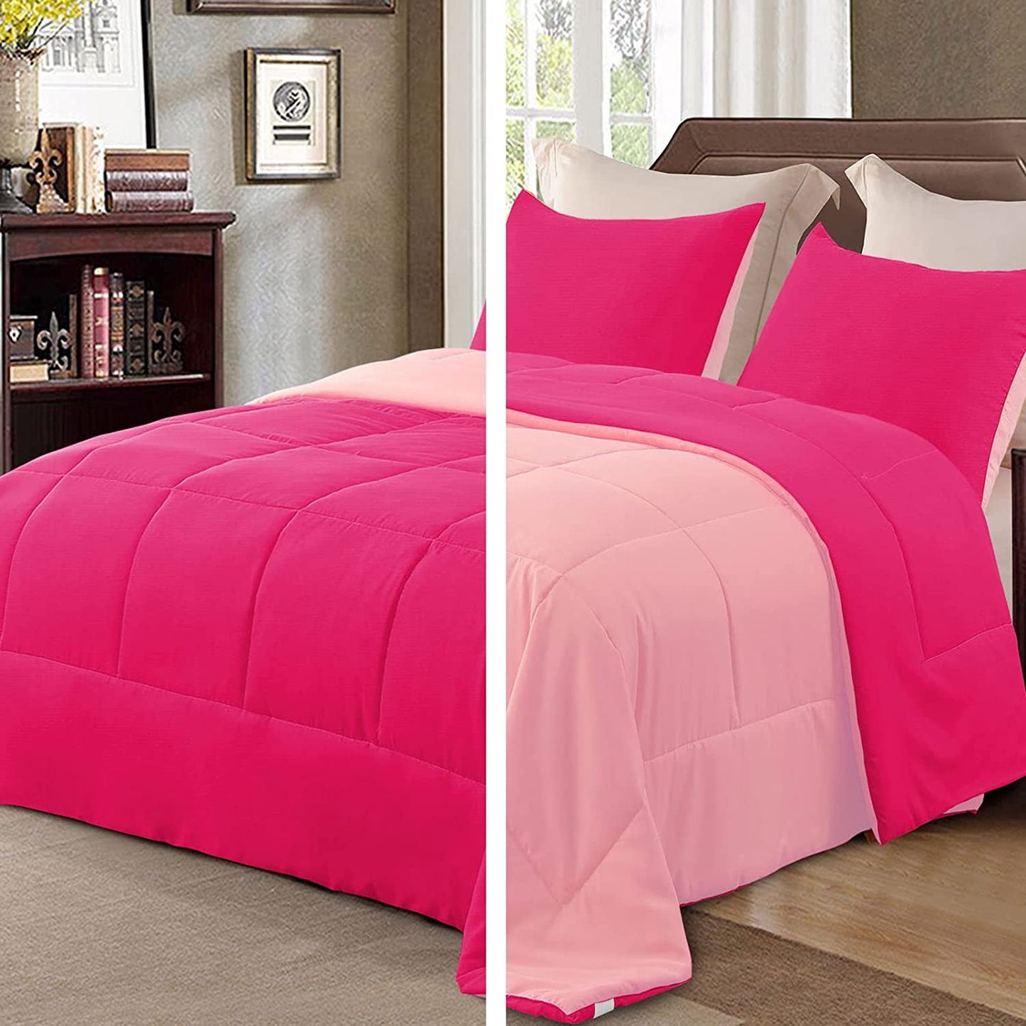 Exclusivo Mezcla Lightweight Reversible 2-Piece Comforter Set All Seasons, Down Alternative Comforter with 1 Pillow Sham, Twin Size, Hot Pink/ Blush Pink