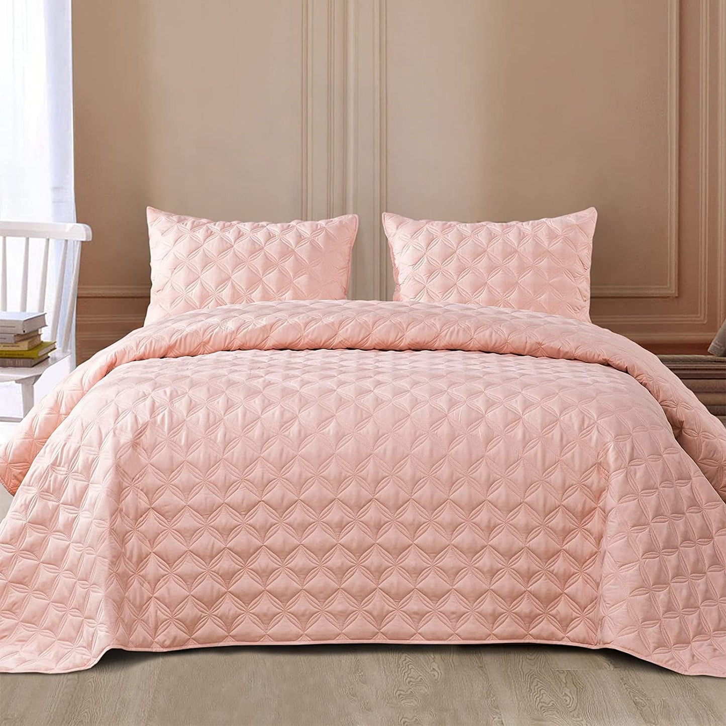 Exclusivo Mezcla Bed Quilt Set King Size for All Season, Stitched Pattern Quilted Bedspread/ Bedding Set/ Coverlet with 2 Pillow shams, Lightweight and Soft, Blush Pink