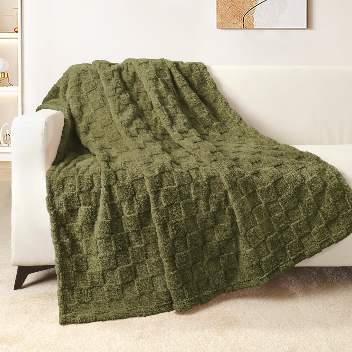 Exclusivo Mezcla Fleece Throw Blanket for Couch, Super Soft 3D Checkered Jacquard Bed Blanket, Cozy Fluffy Lightweight Blanket for All Seasons, 50x60 Inches, Olive Green Blanket